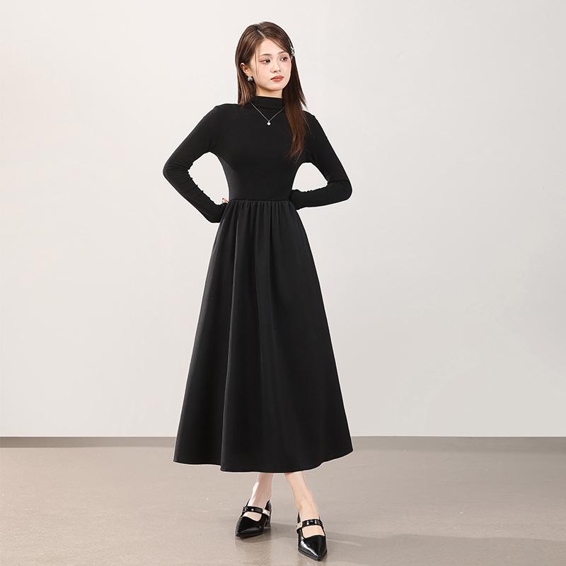 

2025 Elegant Black High Waist Midi Dress - Long Sleeve & Half High Collar Small чёрный