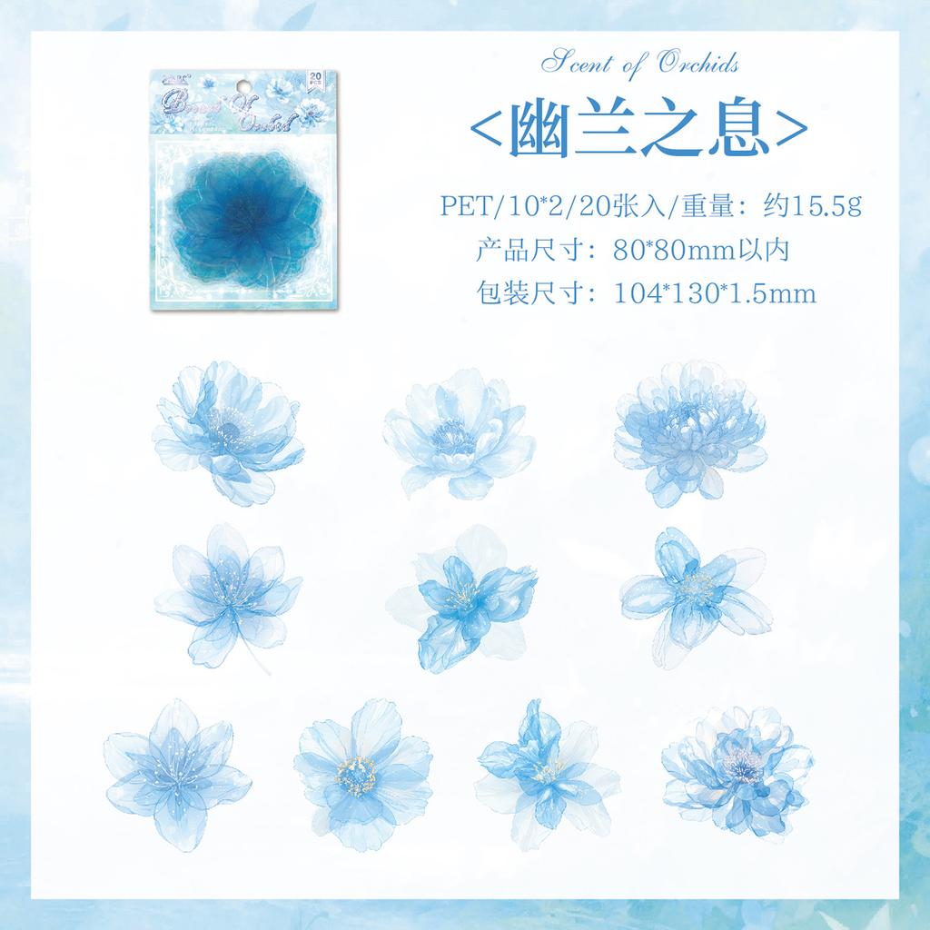 20-Piece Translucent Colored Flower Stickers, Pastel & Vivid Flower Patterns, Self-Adhesive for Journal Decoration