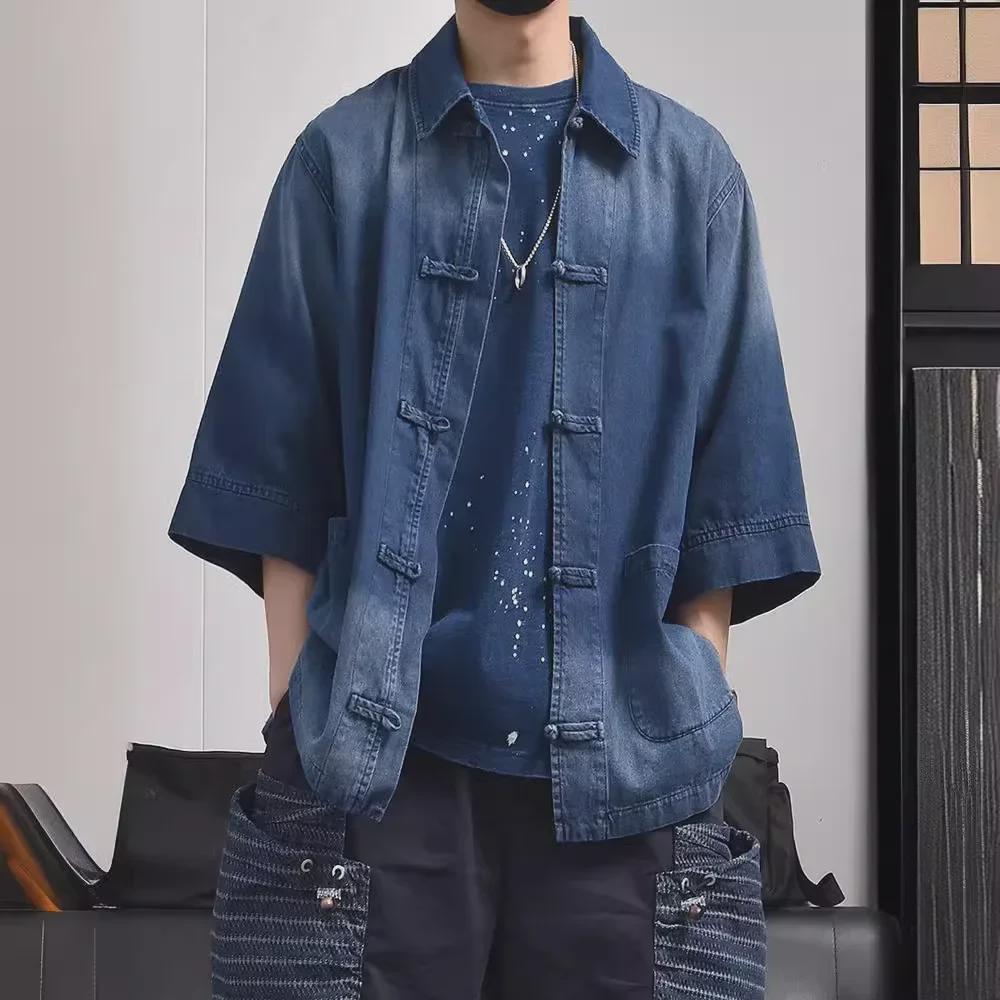 2024 Men's Retro Japanese-Chinese Buttoned Denim Shirt - Loose Casual Half-Sleeve Trendy Top