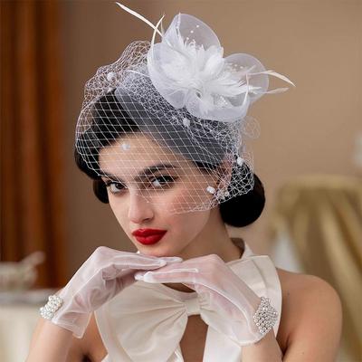 Tüll Blütenblatt Feder Kopfschmuck Schleier Stirnband mit Haarspange Netz Blume Kopfbedeckung Cocktail Teeparty