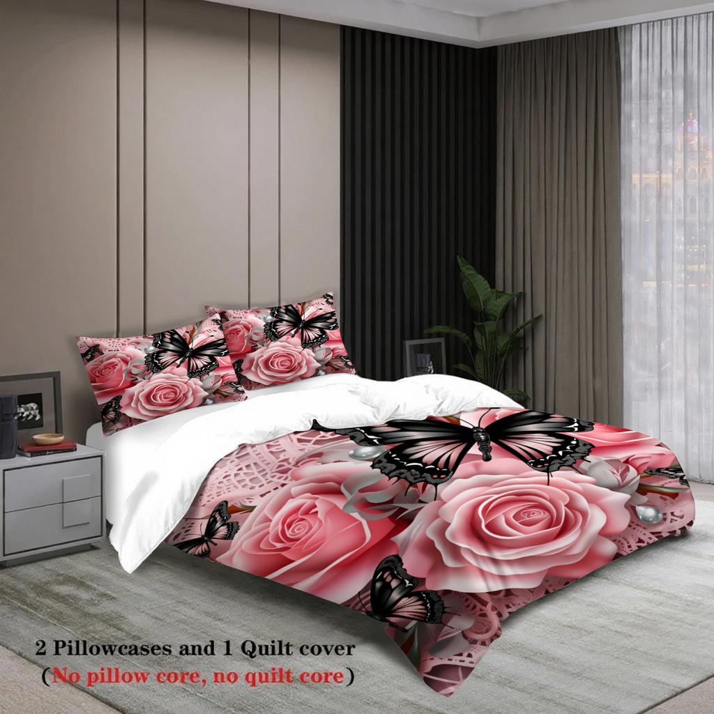 Rose And Butterfly Printed Bedding Set Pink Floral And Insect Pattern With Duvet Cover & Pillowcases For Bedroom Decor