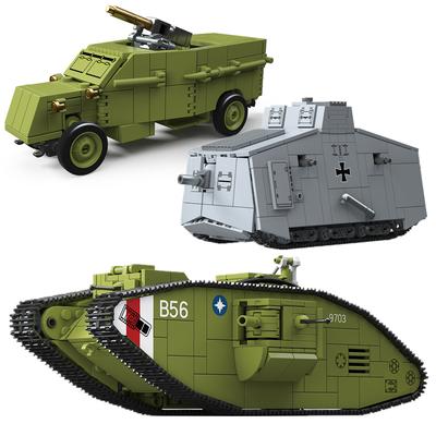 WW1 Military Army Soldiers World War I Heavy Tank Mk.V A7V Heavy Tank Model Assemble Building Blocks Bricks Children's DIY Toys