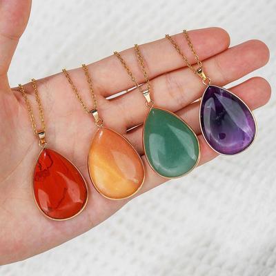 Retro Einfache Goldfarbe Rand Wassertropfenförmig Natürlicher Kristall Anhänger Halskette für Damen Amethyst Halsband Kette Schmuck Geschenke