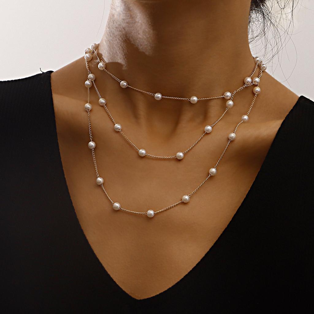 Simple geometric fine chain pearl multi-layer necklace, personalized light luxury pearl necklace