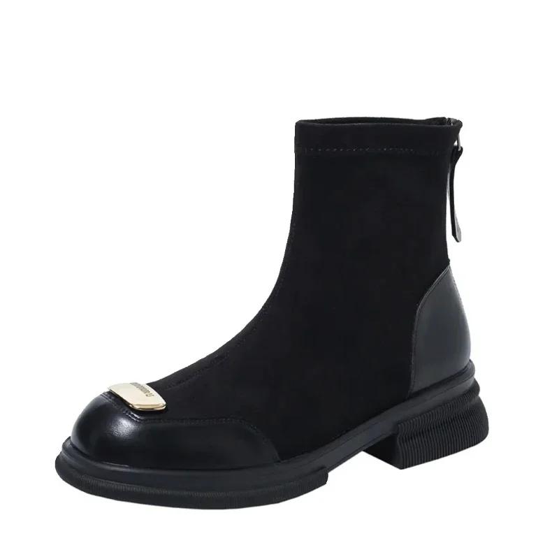 Women's Fashion Boots Round Toe Mid Heel Spring/autumn Ankle Ladies Shoes Solid Sewing Concise Women Boots Metallic Sequins 2025