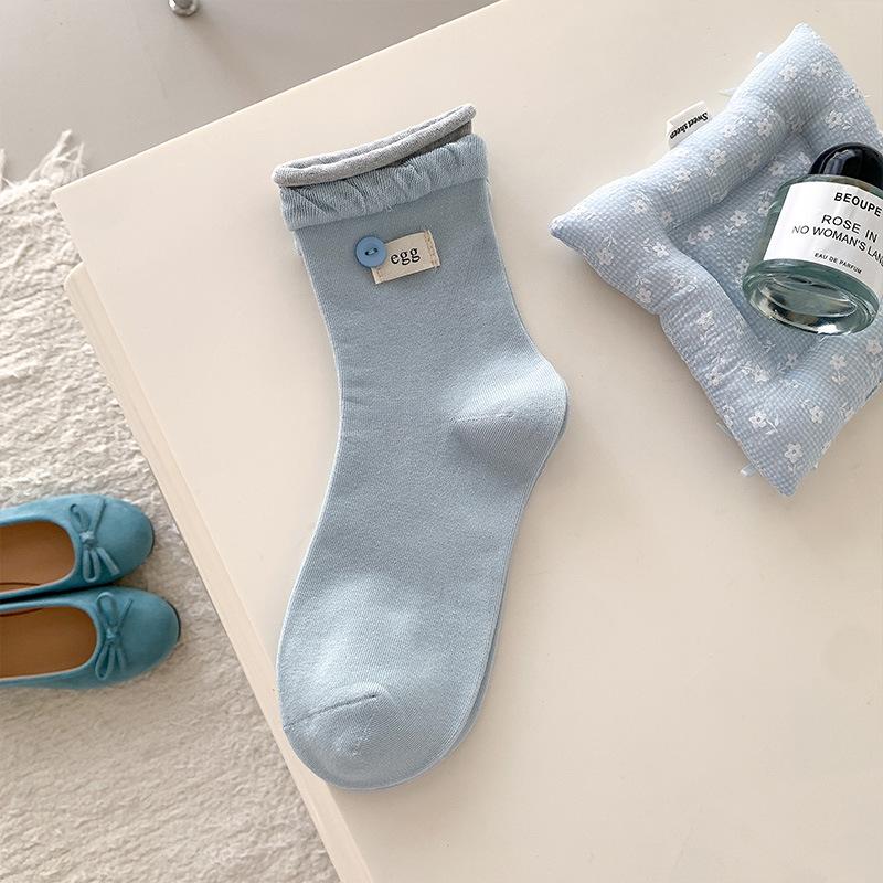 

Женские весенне-осенние тканевые носки с пуговицей-лейблом, с двойным отворотом, с рубчиком в трубку 1 pair синий