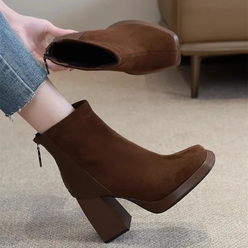 Fashion 2024 Autumn New Korean Fashion Round Head Zipper Women's Thick Bottom Square Toe Boots
