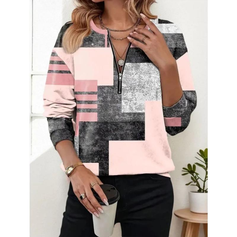 Women's Elegant Printed Zipper Long-sleeved Top, Stylish and Versatile for Autumn and Winter Casual and Office Wear, Machine Washable