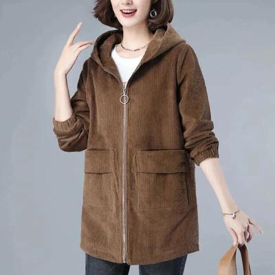 Damen Frühling und Herbst Cord Einfarbig Freizeitjacke Mit Kapuze Mittellang Plus Size Bequeme Oberteile