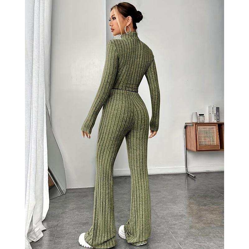 Toamnă Nou Set de pantaloni tricotați cu mânecă lungă Femei Casual Solid Stand Pantaloni largi din două piese Costume Femei Tricoturi Moda elegantă Seturi de femei 2 piese 24706