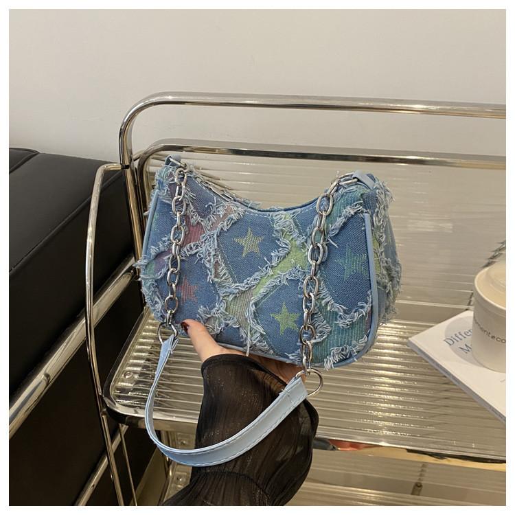Street Style Star Pattern Denim Chain Crossbody Bag With Zipper Closure For Daily Use