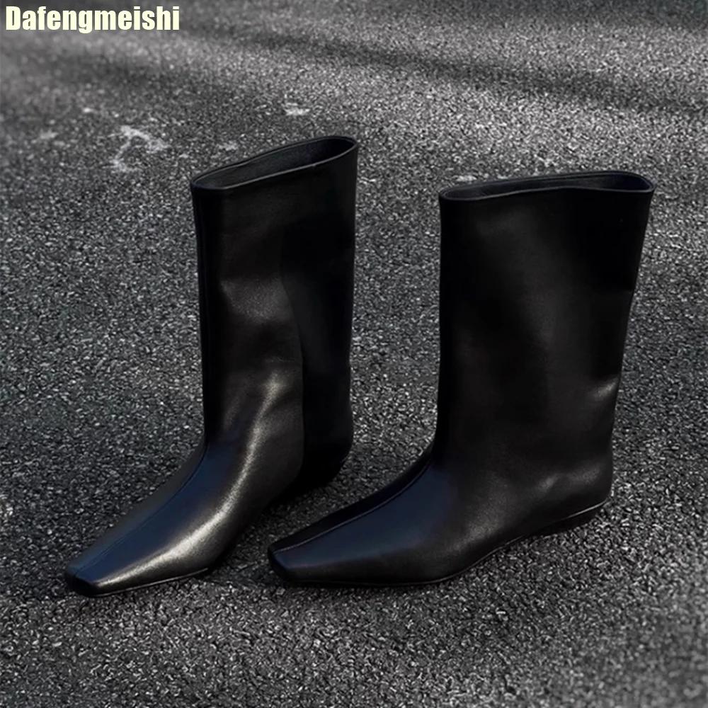 Fashion Cowhide Autumn Winter New Boots Korean Style Simple Square Toe Boots Pull-On Low Heel Knight Boots Women Sleeve Mid-Tube Boots