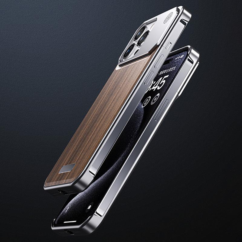 For iPhone 15 Pro Case Aluminium Alloy+Walnut Aromatherapy Protective Phone Cover
