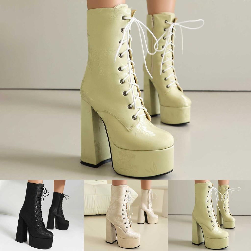 Streetwear Coole Stiefel Für Damen Klobiger Block Hoher Plateauabsatz Runde Zehenpartie Knöchelhohe Stiefel Kurzer Bootie Abschlussballkleid Accessoires