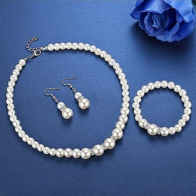1 Set of 3 Gorgeous Classic Imitation Pearl Diamond Stud Earrings Bracelet Necklace Combination Set Exquisite Engagement Gift