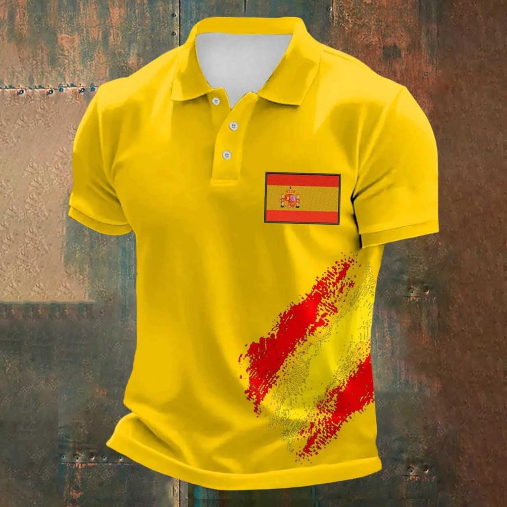 Men's Classic Polo Shirt Football Jersey Spain Inspired Design Soccer Apparel Short Sleeve Button Collar Top for Sports and Casual Wear
