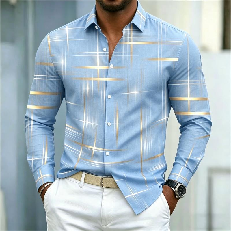 2026 Men's Shirt with Fashionable Printed Lines, Checkered Long Sleeved Shirt, Lapel, Slim Fit, Business Casual Men's Shirt