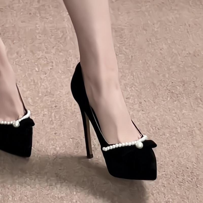 

Спайс гёрл черные водонепроницаемые туфли на высоком каблуке женские тонкие каблуки новый темперамент жемчуг острый носок одинарные туфли 34 чёрный