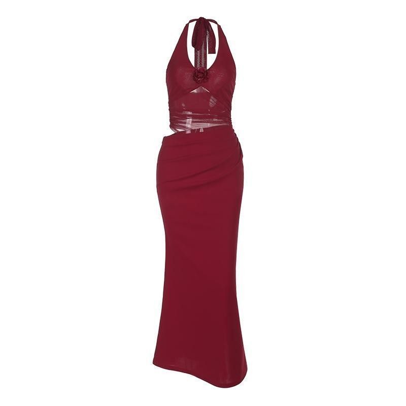 [Send flowers] Celebrity red mesh neck sling dress women's summer ins sexy backless V-neck dress
