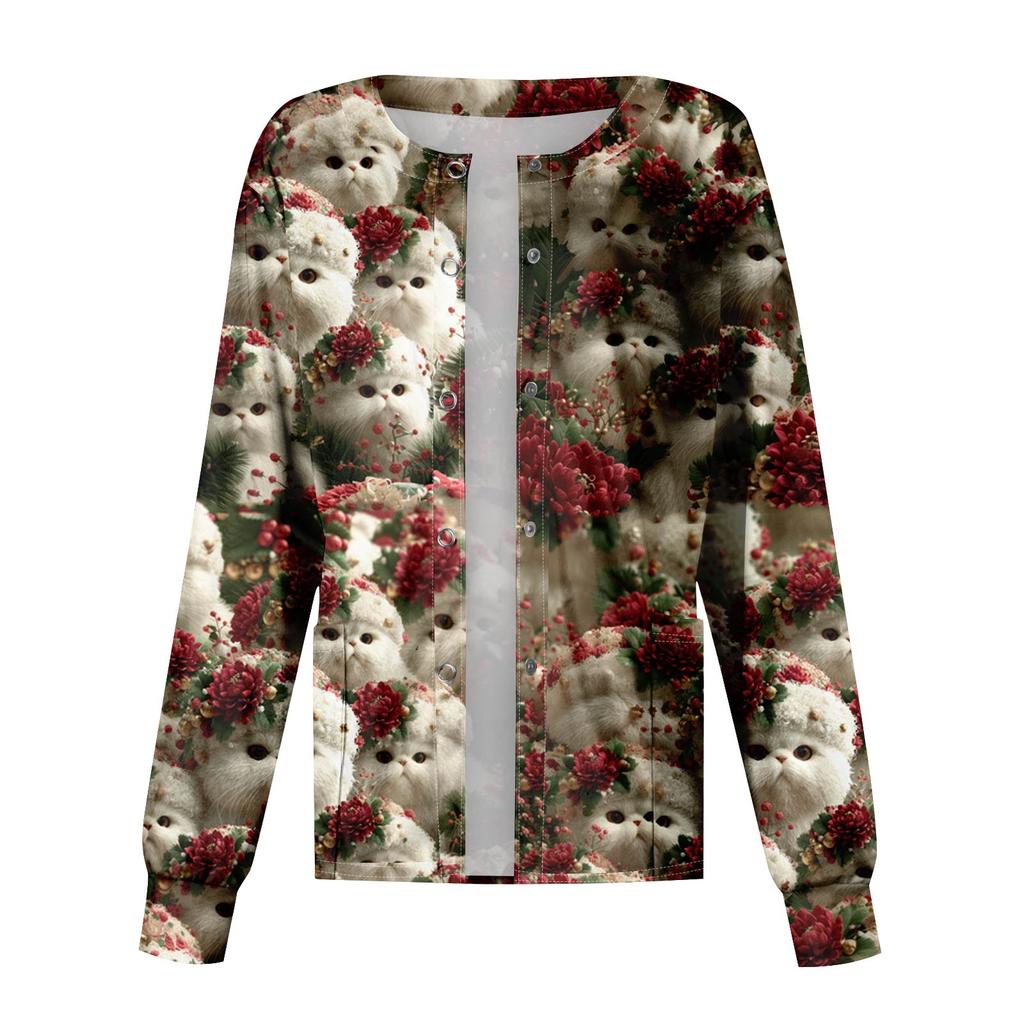 Damska codzienna modna kurtka z długim rękawem zapinana na jeden guzik z nadrukiem świątecznym