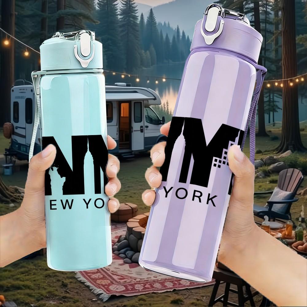 1PC NYC New York City Letter Print 750ml Color Plastic Sports Water Bottle Leakproof Flip Straw Lid Suitable for Sports Office Home Use