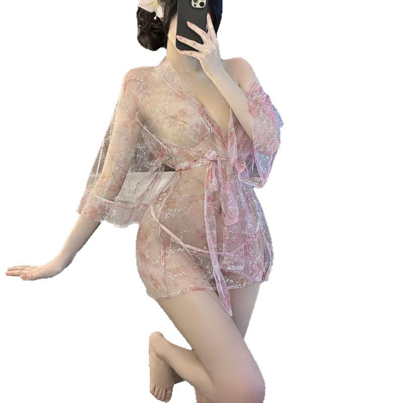 Sexy Lingerie Collar Bathrobe One-word See-through Blouse Sexy Pajamas Bronzing Print Cardigan and Clothing