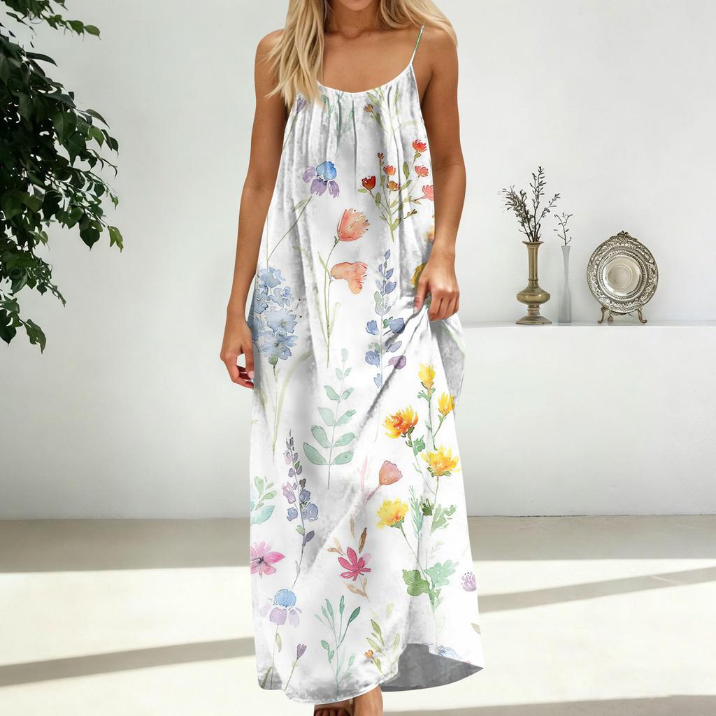 Damenmode Rückenfreies Spaghettiträger Lässiges Lockeres Blumenprint Kleid