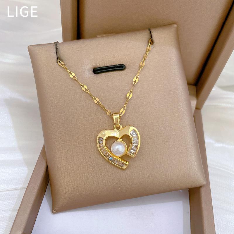 Classic Micro-inlaid Gorgeous Zircon Heart-shaped Stainless Steel Necklace Earrings Set Fashionable Girls Party Dinner Gift