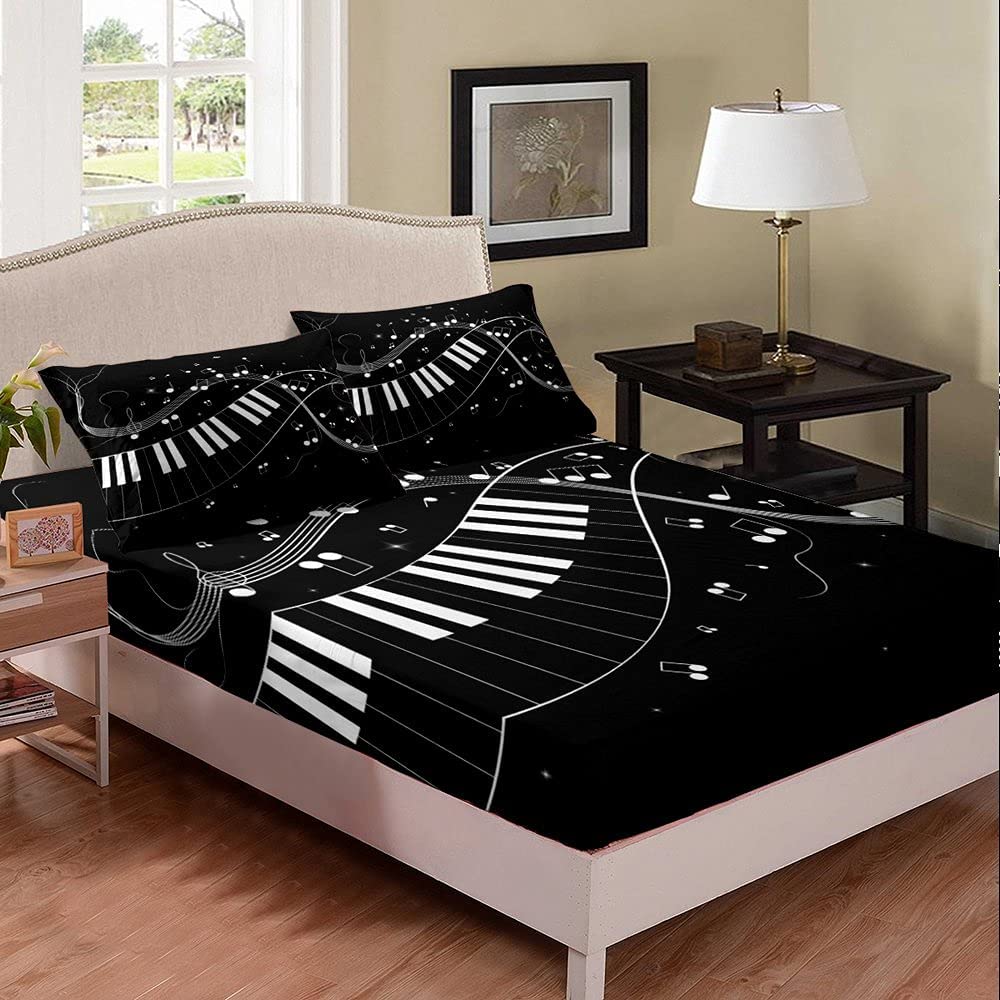 Music Notes Fitted Sheet & Pillow Sham Set Rock Music Themed Bedding Set Musical Pattern Bed Sheet Set Grunge Design Bed Cover
