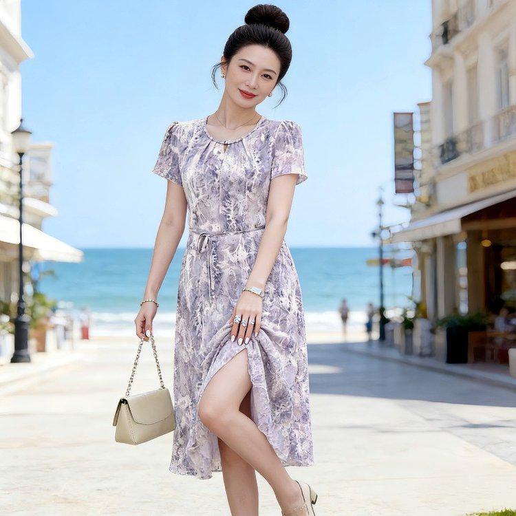 Women s Elegant Round-Neck Short Sleeve Mid-Length Summer Dress 4XL фиолетовый