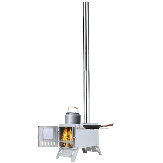 Wood Burning Stove with 5 Pipes Accessories, Visible Window Side Panels Heating Cooking Hot Tent Stove, Large Firebox Stainless Steel Stove for