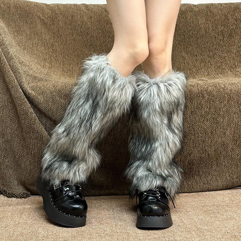 25-40cm Black White Grey Vintage Faux Fur Leg Warmers Winter Warm Furry Boots Cover for Women Sock Punk Jk Cosplay Accessories