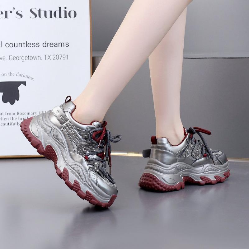 Mode 6CM Echtes Leder Damen Atmungsaktiv Vulkanisiert Bling Mode Klobiger Sneaker Herbst Lässig Plateau Keil Modeschuhe