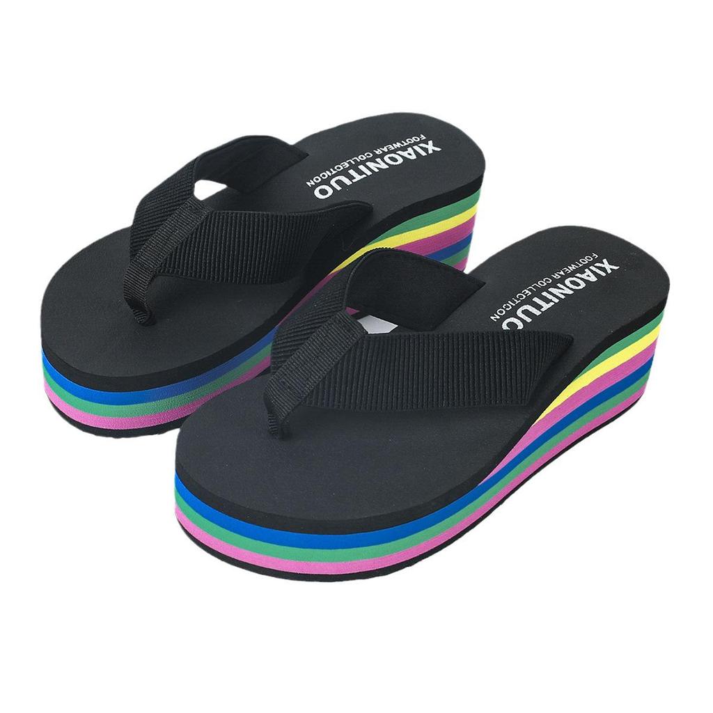 Rainbow Striped Wedge Heel Flip-Flops: Anti-Slip Beach Sandals