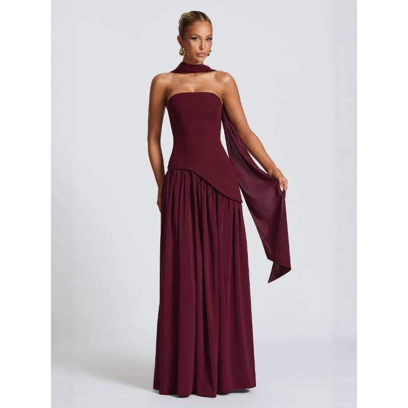 Dames Bandeau Top Effen Kleur Jurk met Split Modieus en Sexy Halter Hoge Split Lange Jurk Nieuw