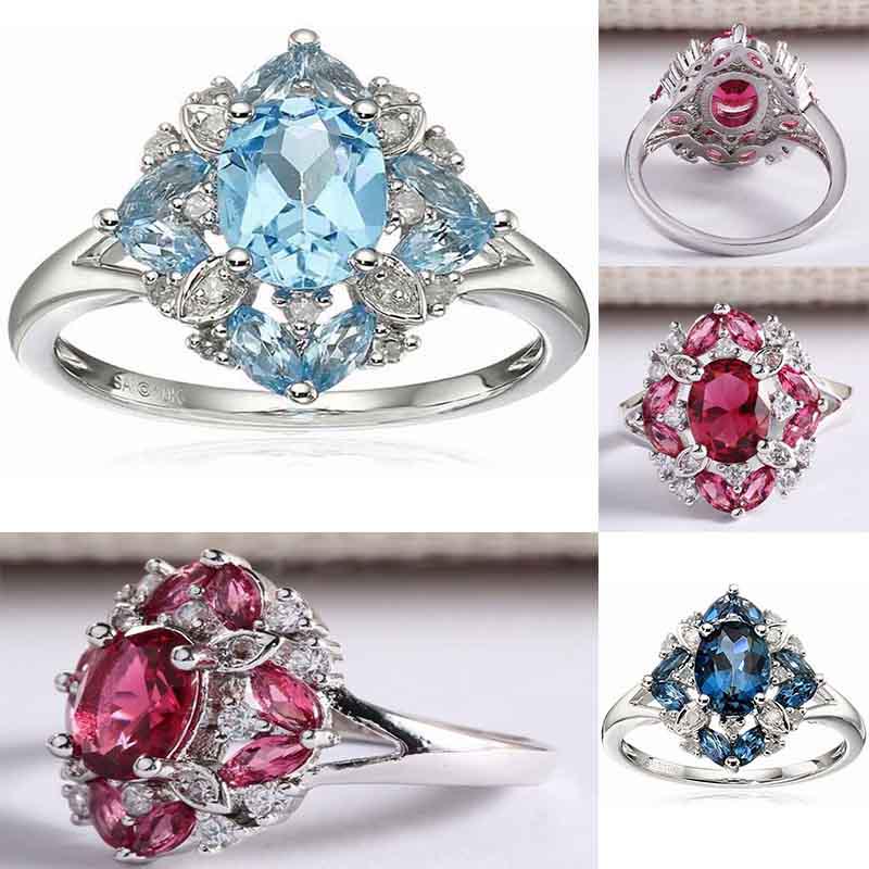 Plated Magnificent Silver Rings Oval Cut Natural Blue Sapphire Rhinestone Ring