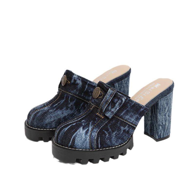 Europe, America, large size bag head half drag women's spring and summer new thick heels wear high heels cool slippers denim style muller shoes