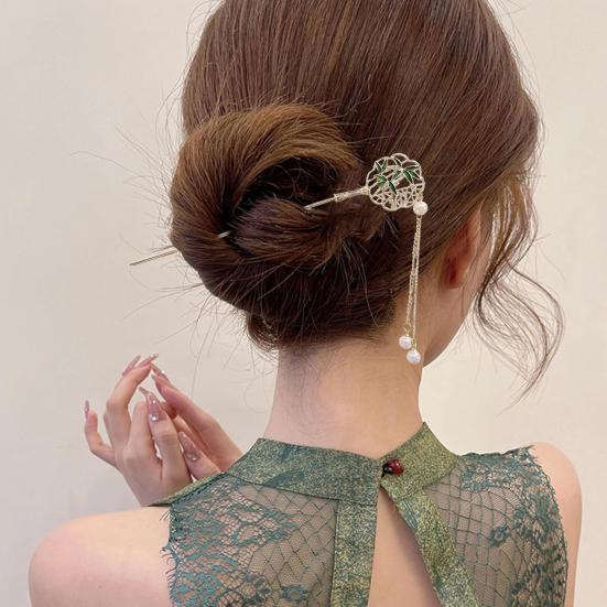 Hanfu Hair Stick Chinese Style Floral Women Hairpins Beads Tassel Decor Hair Fork Medium To Thick Hair Bun Accessories