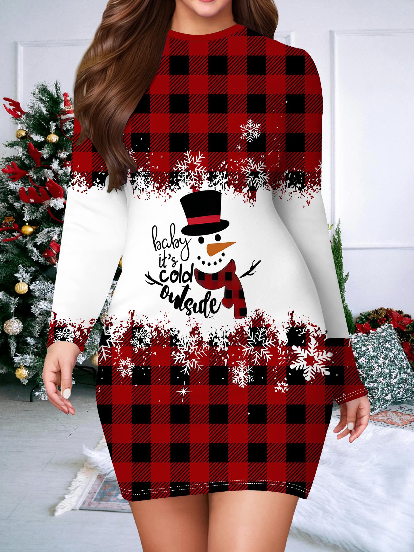 

2025 Осень и Зима Новое Женское Платье в Облипку, 3D Рождественская Печать и Крашение Женская Мода Длинный Рукав Круглый Вырез Сексуальное Платье в Облипку XXL белый