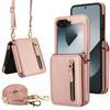 Lanyard Zipper Wallet Cards Solt Kickstand Faux Leather Phone Case for Samsung Galaxy Z Flip 6 5 4 3 Crossbody Flip6 Bag Cover