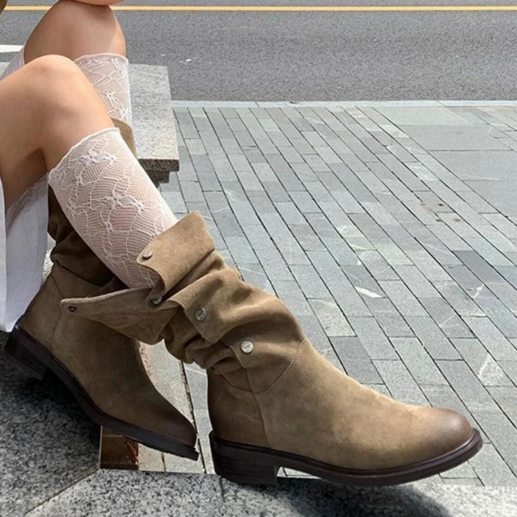 Cowhide version thin pleated piled boots women's boots thick heel retro two wear western boots suede versatile knight boots