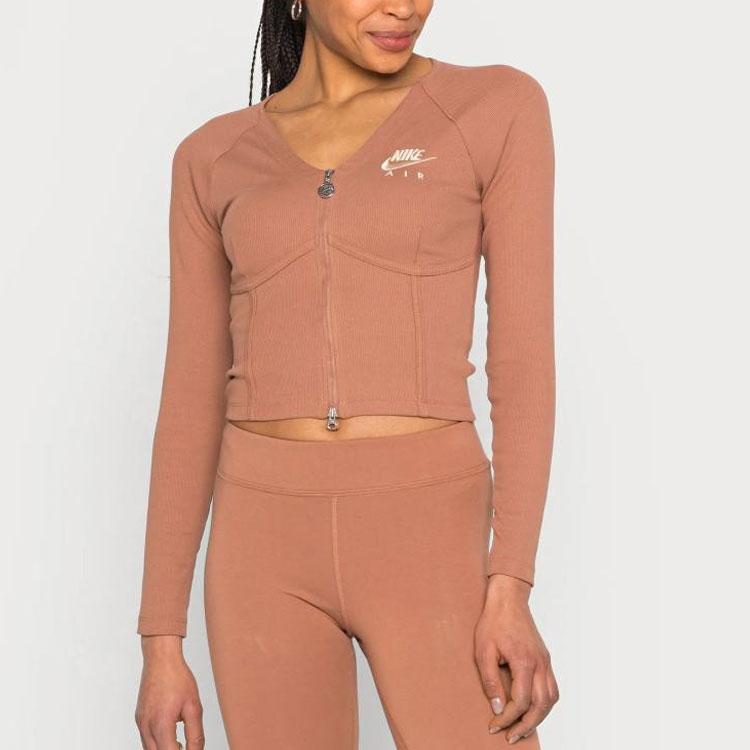 Nike Full Length Double Zipper Knit Fishbone Long Sleeve Raglan T-Shirt Women Tops Brown DM6067-215