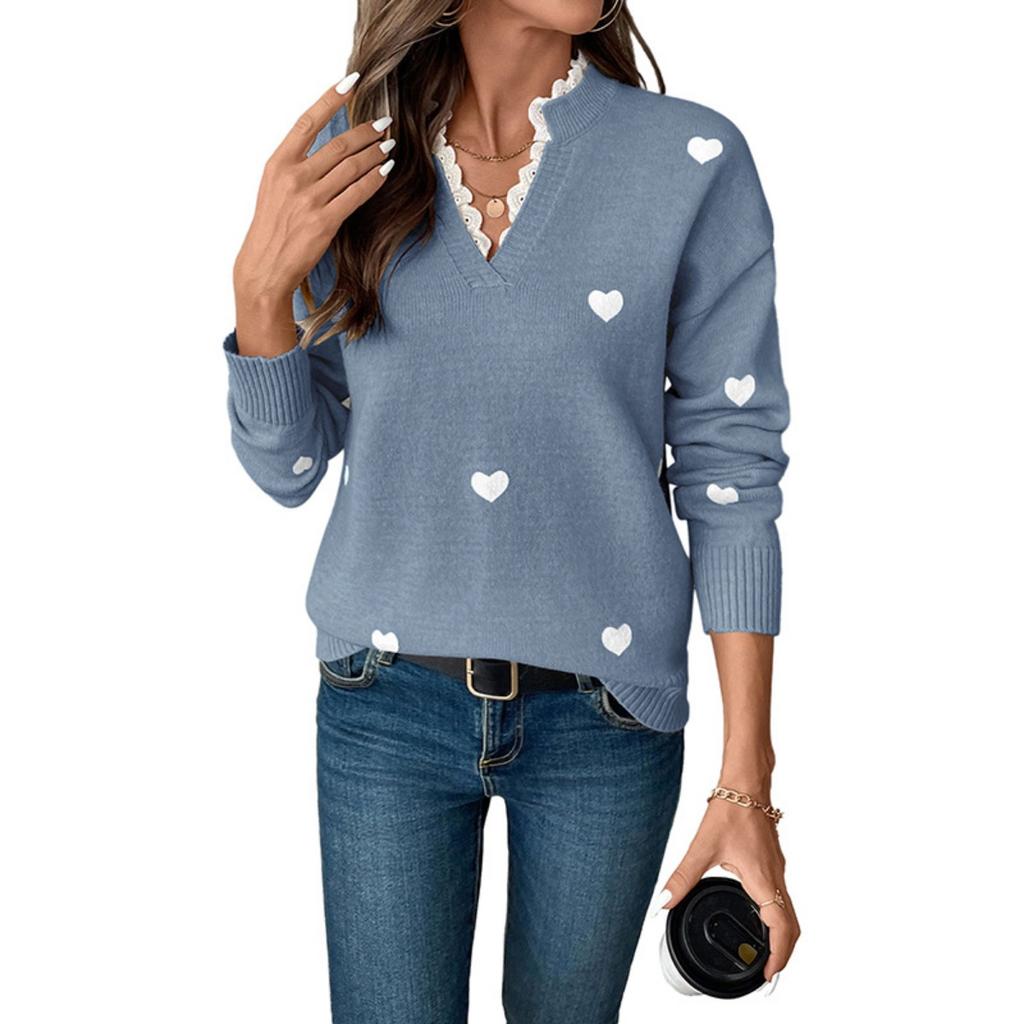 Fall Winter Women's V-neck Heart Sweater, Valentine's Day Date Outfit, European American Style Hot Selling Top