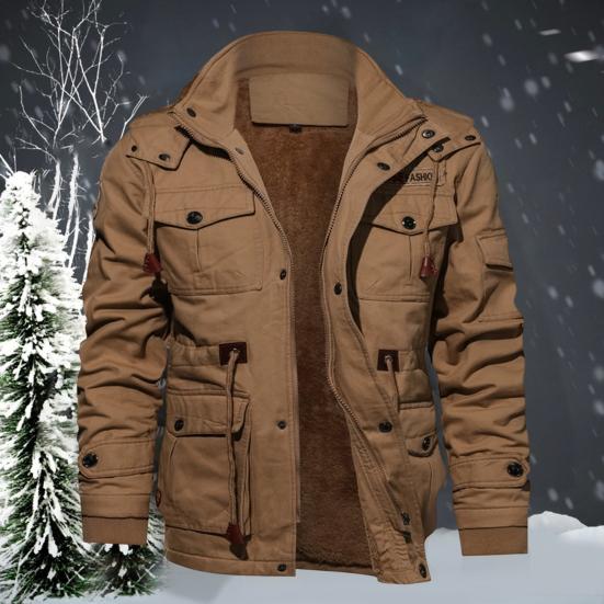Winter Herrenjacke Plüschfutter Mehrere Taschen Stehkragen Winddichte Reißverschluss Kapuzenpullover für Draußen