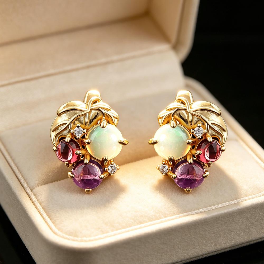 Women's Grape-Shaped Earrings with Natural Opal Amethyst Garnet Gemstones 925 Sterling Silver Fine Jewelry