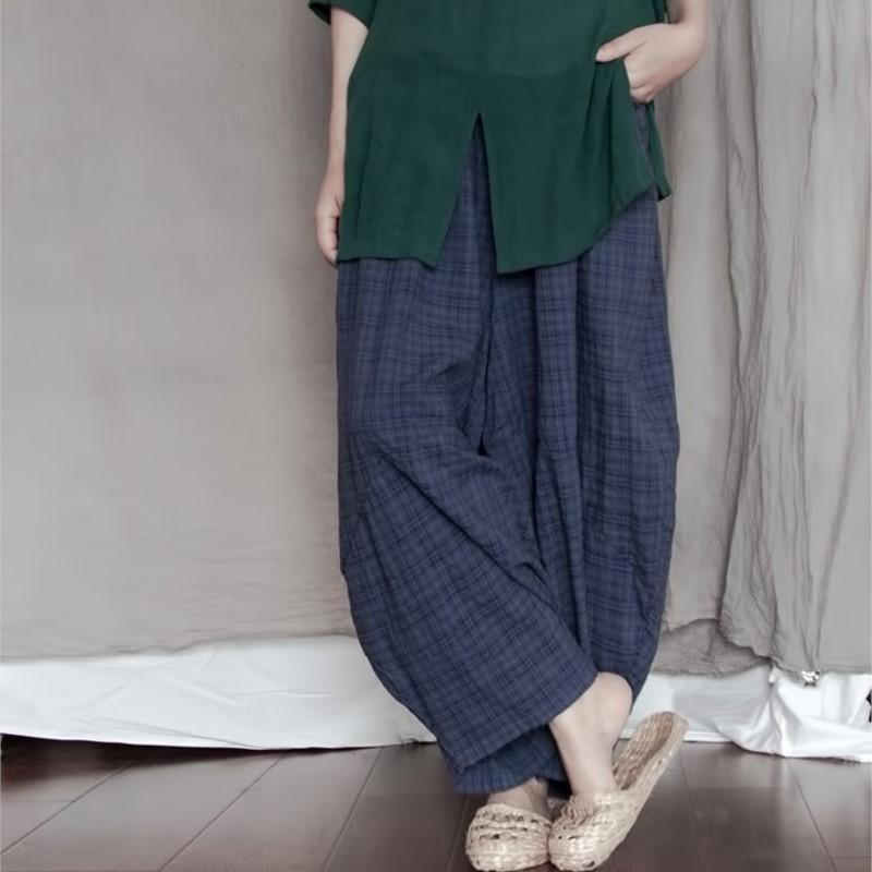 

Johnature женские винтажные клетчатые свободные широкие брюки с эластичной резинкой на талии лето лето лоскутные женские повседневные брюки One Size темно-синий