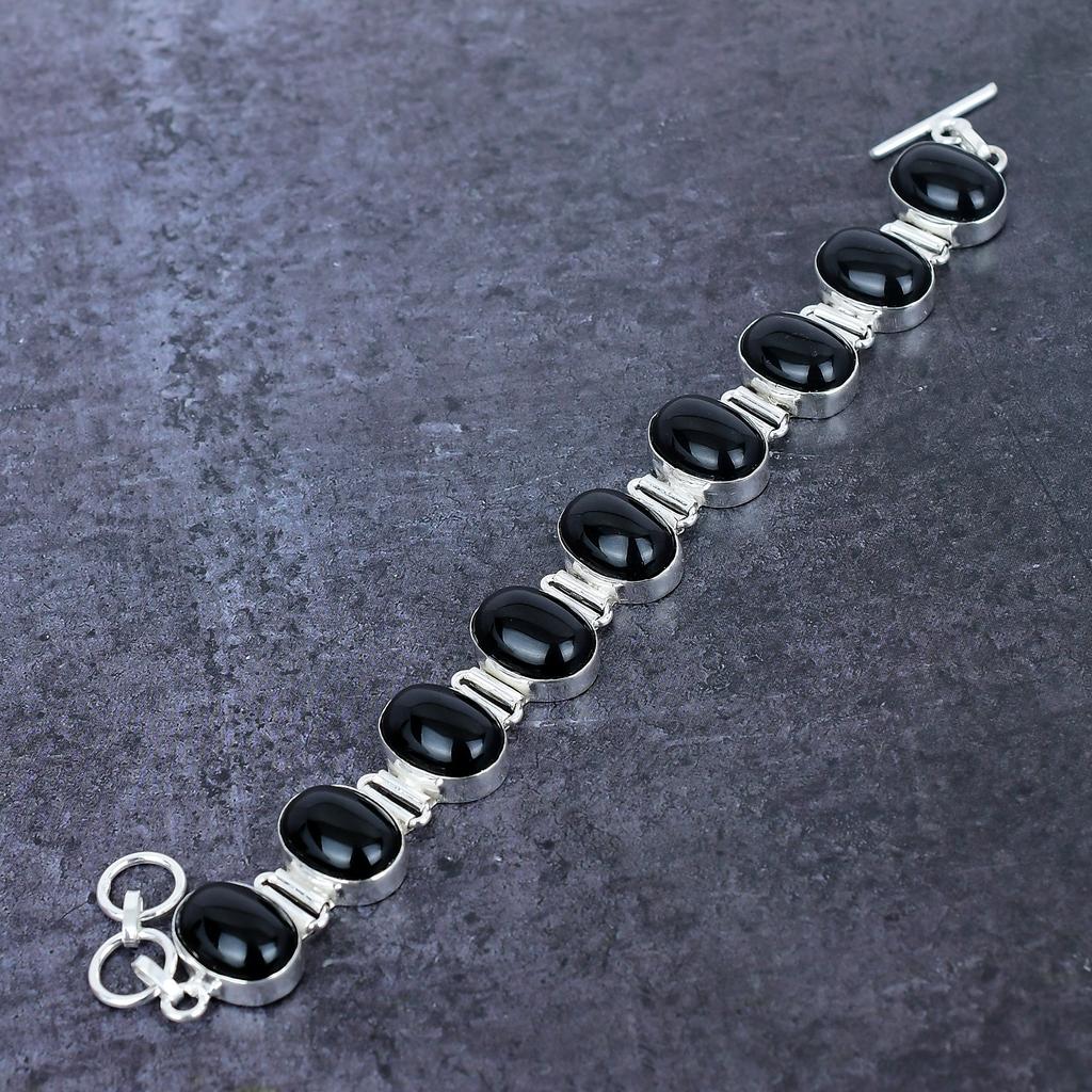 Natural Black Onyx Gemstone Handmade 925 Sterling Silver Bracelet 7-8" G1i10