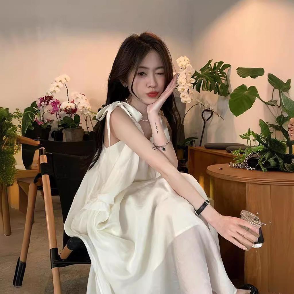 Summer Sweet New Thin Fashion Gentle Style Beige Medium and Long Suspender Dress Women's Chic