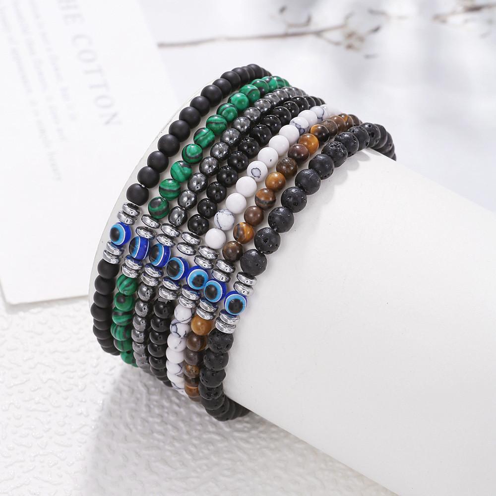 Geometric Mens Handmade Black Glass Lava Rock Beaded Bracelet For Gift