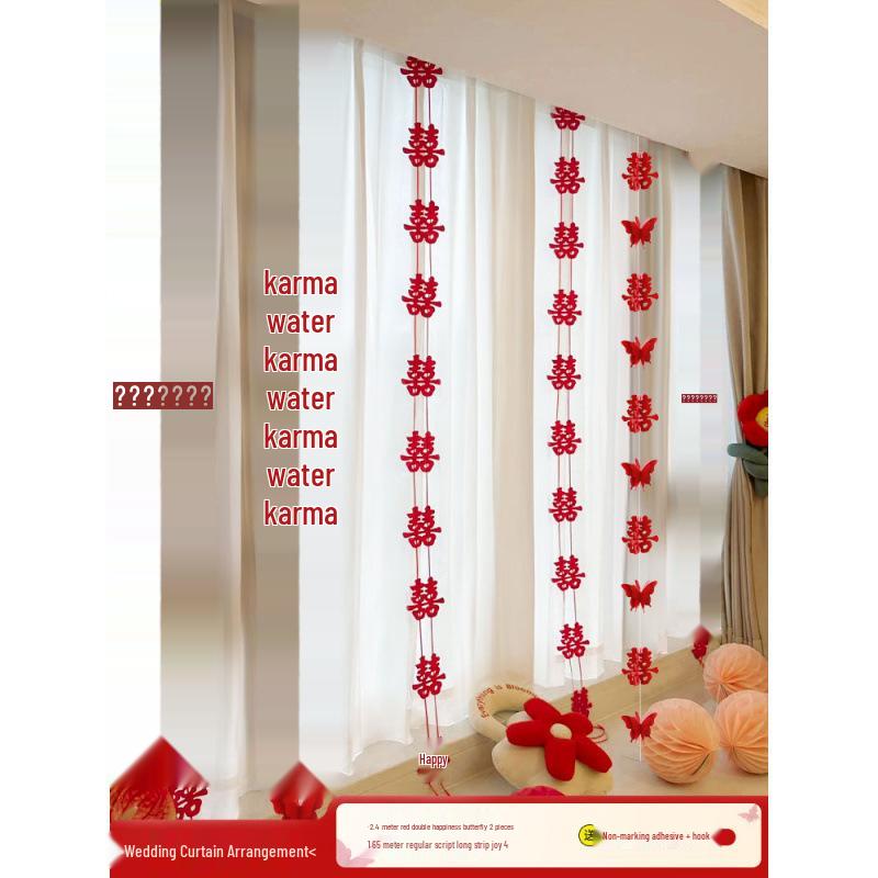 Wedding Room Decor Set: Double Happiness Curtains, Bay Window Trim, Bedroom Bows